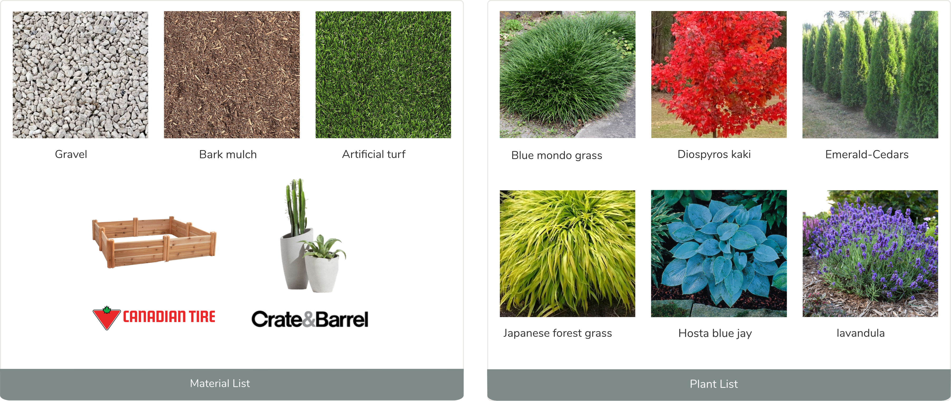 Composite image showing samples of landscaping materials like gravel and bark mulch, alongside a variety of plants including Blue mondo grass and Lavandula.